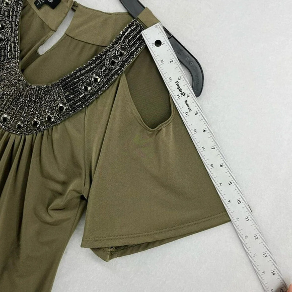 Bebe Blouse Womens S Green Round Neck Embellished Beads Keyhole Cold Shoulder - Picture 5 of 12